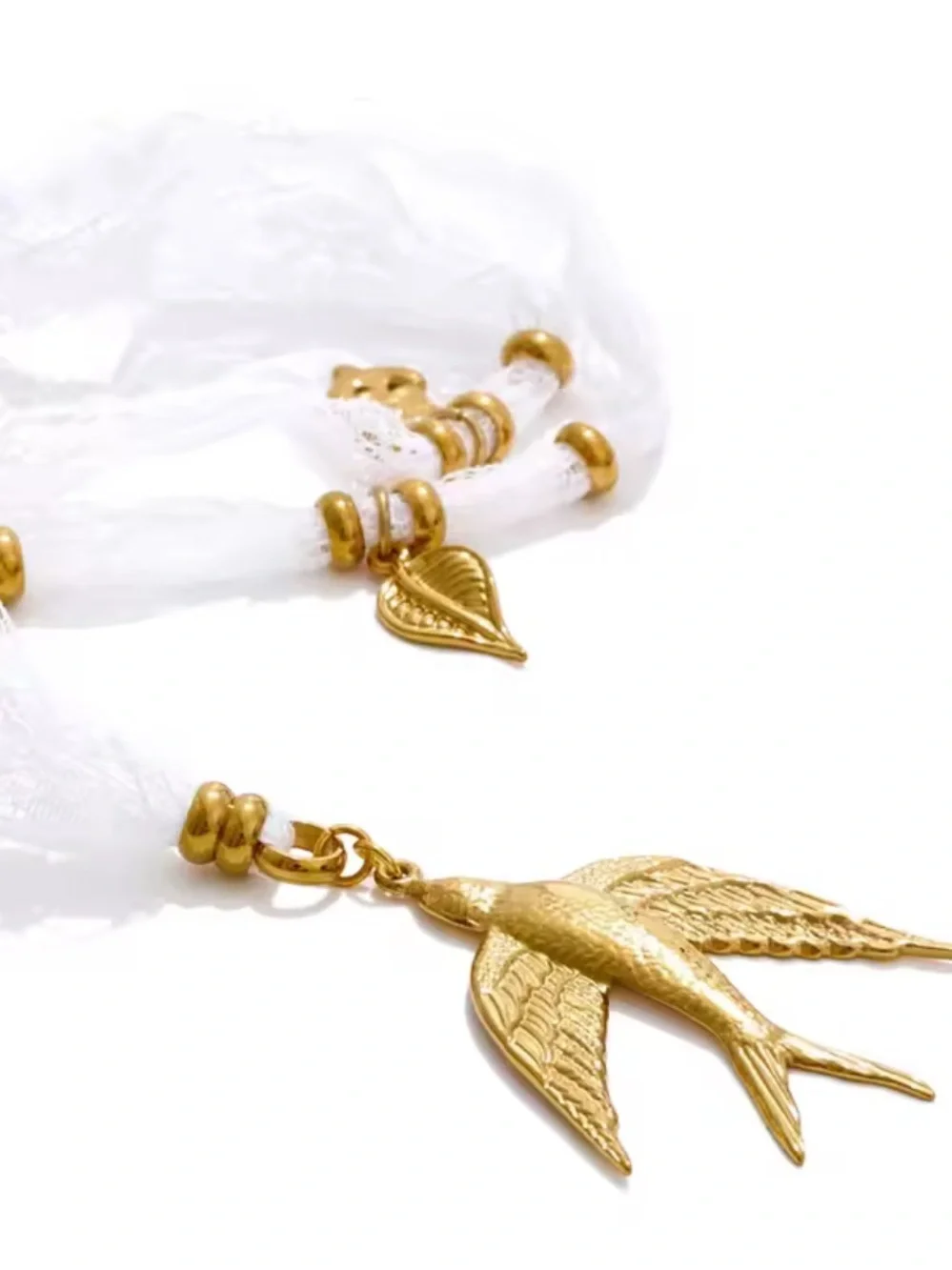 Gold Bird Charm White Lace Necklace